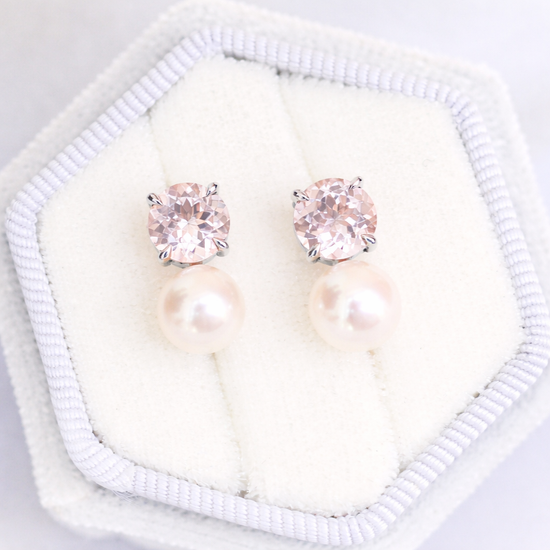 Round Morganite and Pearl Duet Earrings in 14K