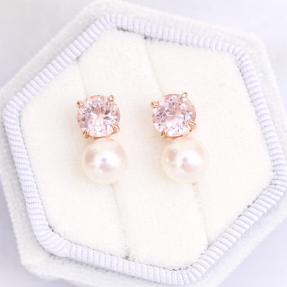 Round Morganite and Pearl Duet Earrings in 14K