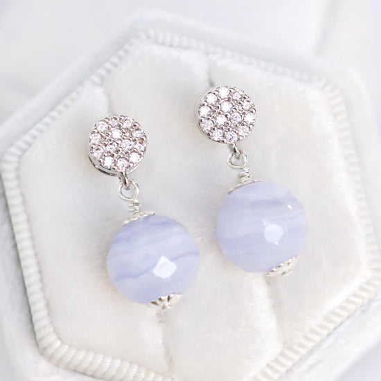 Round Pave CZ Ear Studs with Blue Lace Agate