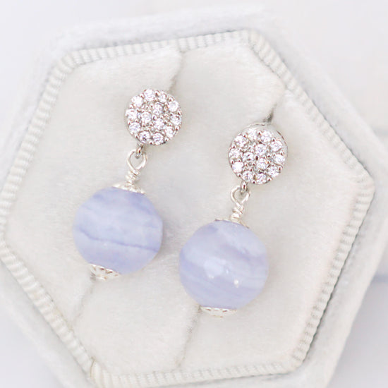Round Pave CZ Ear Studs with Blue Lace Agate