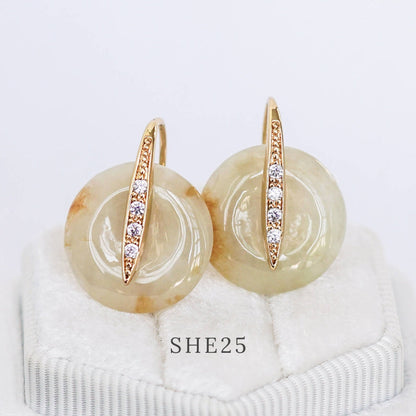Sleek CZ Hook Earrings with Jade Donut - Honey Jade SHE25