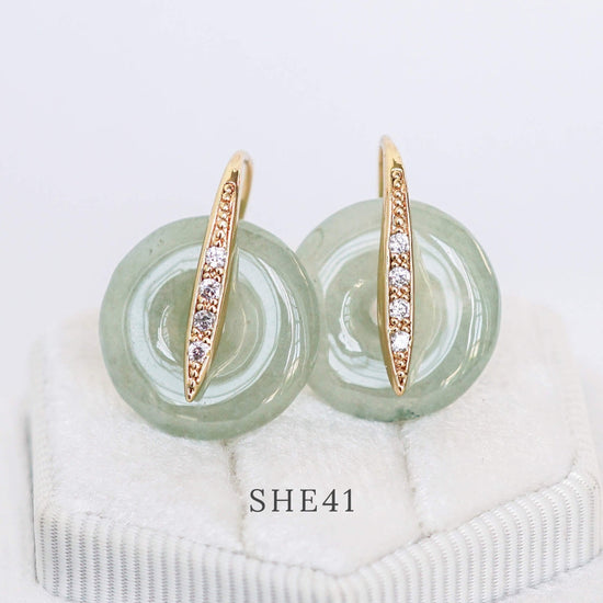 Sleek CZ Hook Earrings with Jade Donut - Sage Green Jade SHE41