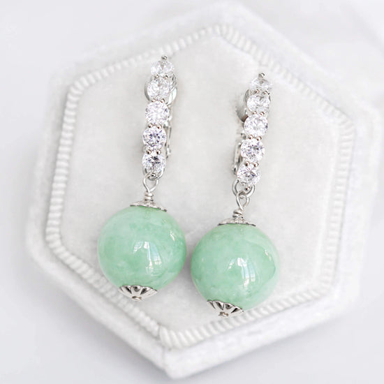 Screw-Back CZ Green Jade Earrings