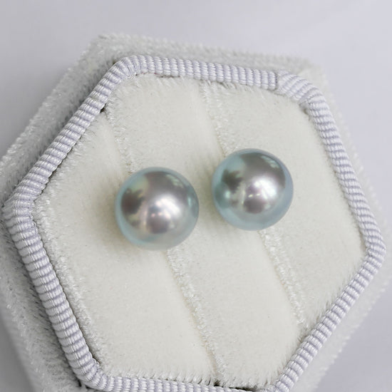 Silvery Blue Akoya Pearl Ear Studs in 14K White Gold