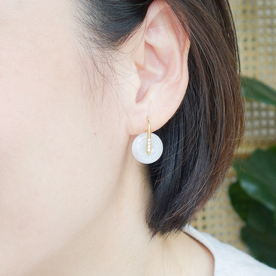 Sleek CZ Hook Earrings with Jade Donut - Olive Jade SHE39