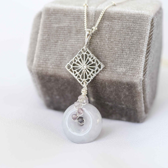 Lavender Jade Necklace with Small Peranakan Tile and Spinel Vine