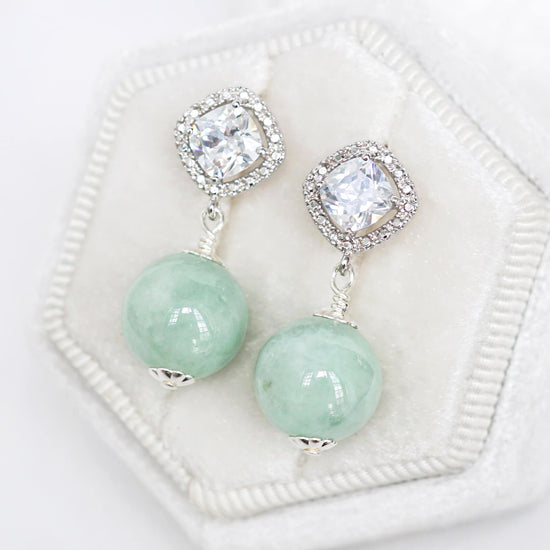 Square CZ Halo Ear Studs with Green Jade