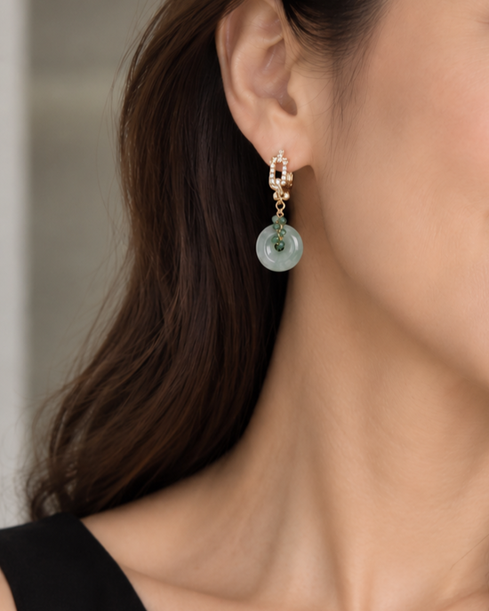 Chain Link Hoop Earrings with Square Emerald Vine