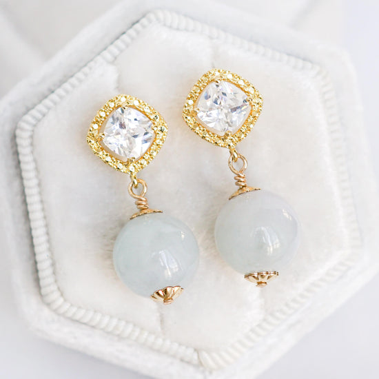 Square CZ Halo Ear Studs with Lavender Jade