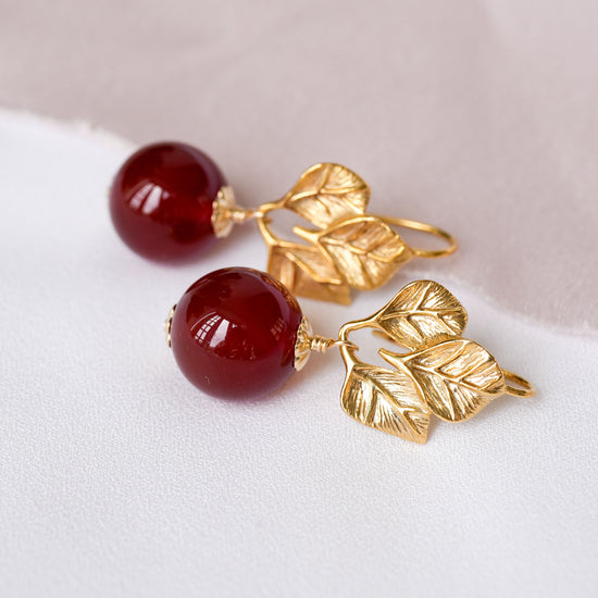 Three Leaf Hook Earrings with Red Agate