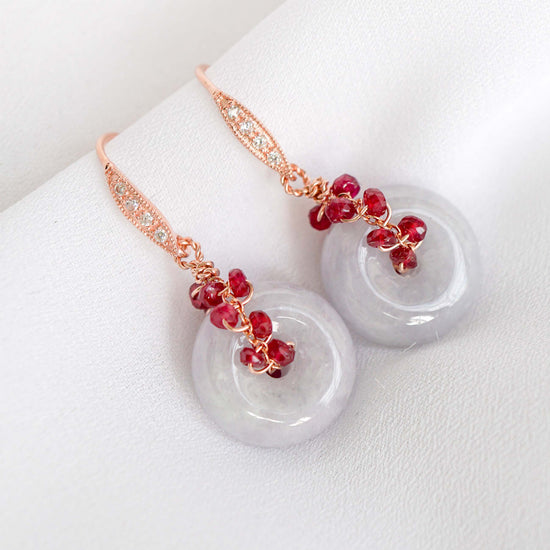 Vivid Lavender Jade with Ruby Vine Earrings - Curved CZ Hook