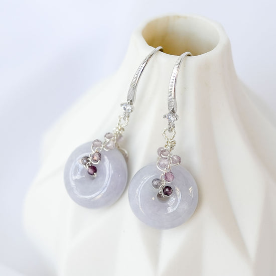 Vivid Lavender Jade with Spinel Vine Earrings - Dapped Single CZ Hook