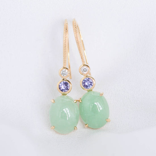 Apple Green Jade and Blue Sapphire Hook Earrings - 18K Gold