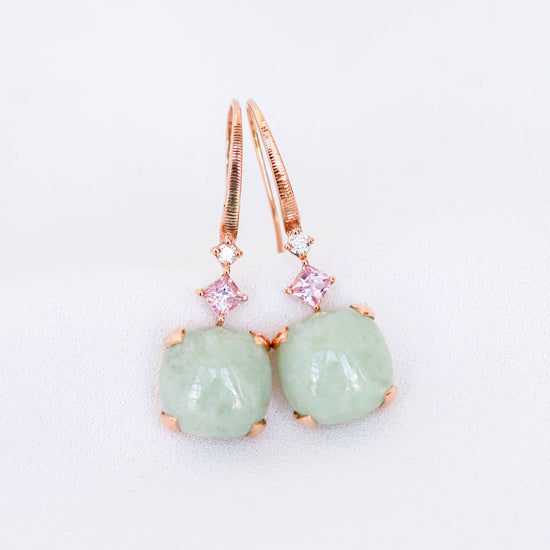 Seafoam Jade and Pink Sapphire Hook Earrings - 18K Rose Gold