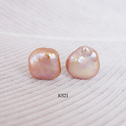 Peach and Blush Keshi Pearl Ear Studs in 14K Gold - 7-8mm