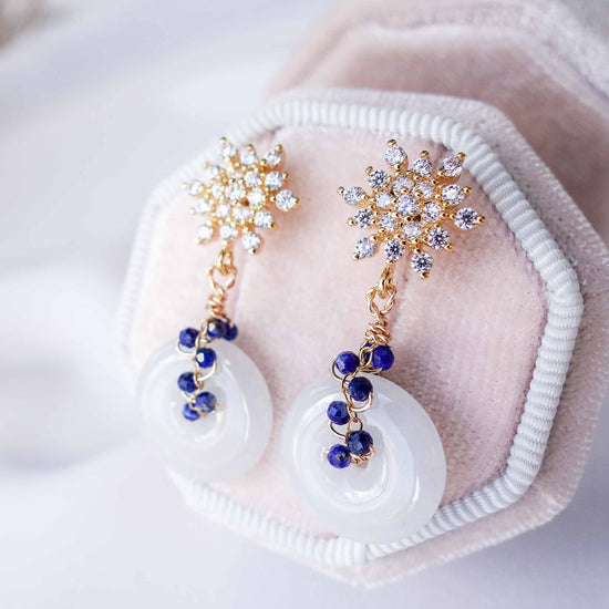 White Jade with Lapis Lazuli Vine Snow Earrings