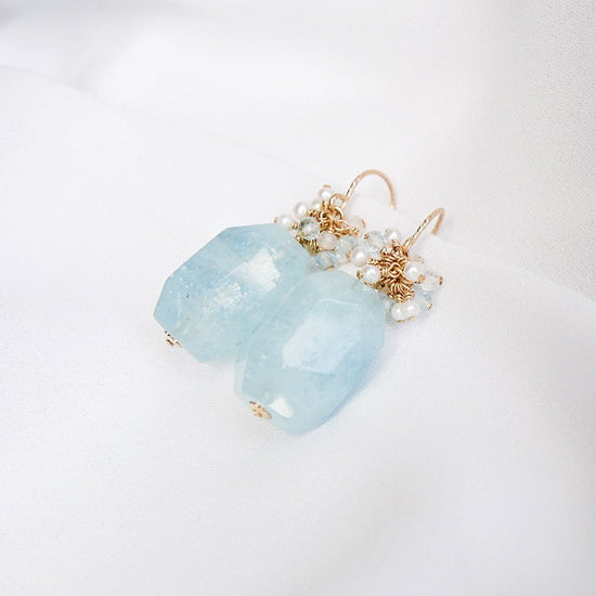 Aquamarine Nugget and Pearl Cluster Hook Earrings