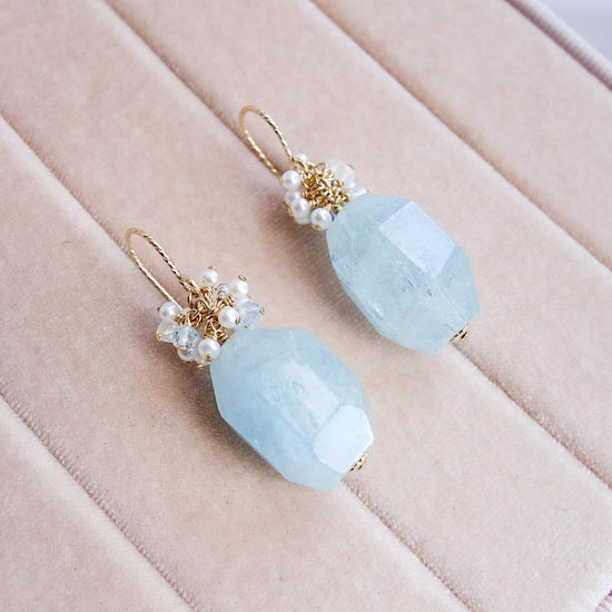 Aquamarine Nugget and Pearl Cluster Hook Earrings