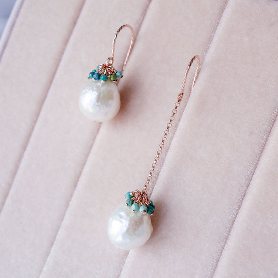 Asymmetrical Baroque Pearls Hook Earrings with Turquoise Gem Cluster APE1