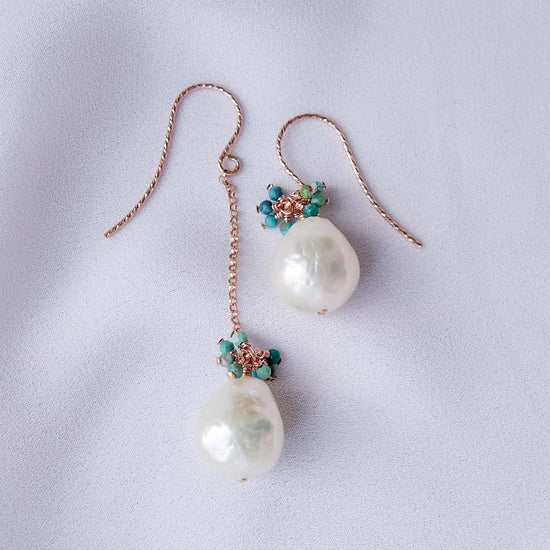 Asymmetrical Baroque Pearls Hook Earrings with Turquoise Gem Cluster APE1