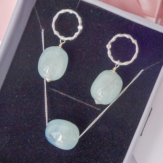 Aquamarine Earrings and Necklace Jewellery Set 1 - Circle of Life Ear Studs