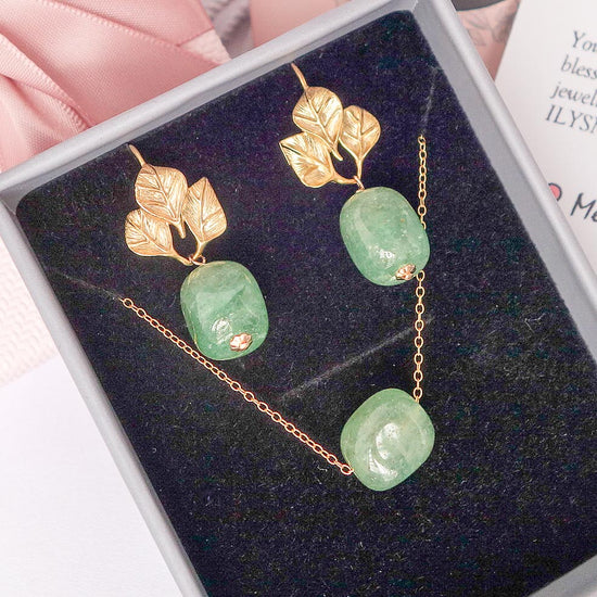 Green Aventurine Earrings and Necklace Jewellery Set 1 - Leaf Hook Earrings