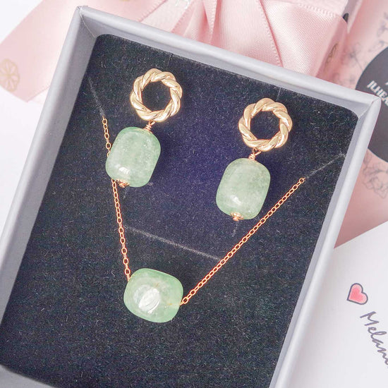 Green Aventurine Earrings and Necklace Jewellery Set 2 - Twisted Circle Ear Studs