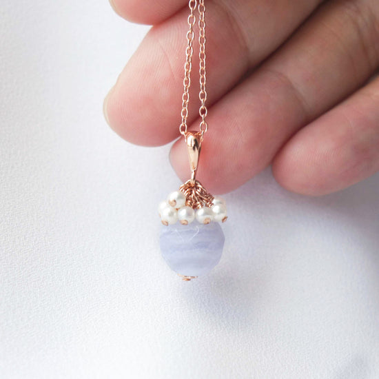 Blue Lace Agate with Pearl Cluster Necklace