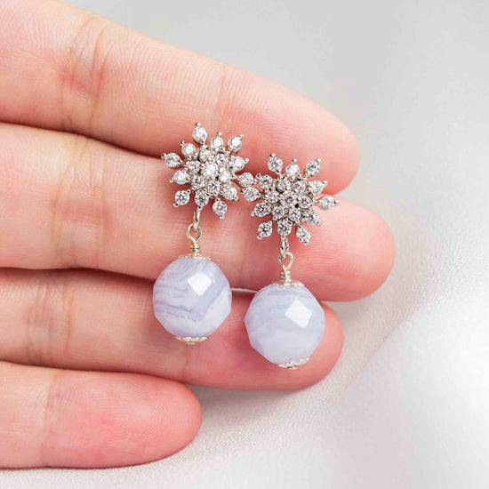 Snow Ear Studs with Blue Lace Agate Bead