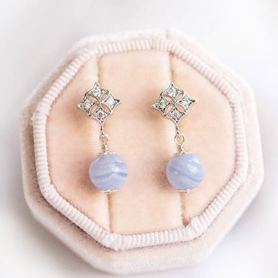 Diamond-shaped Ear Studs with Petite Blue Lace Agate Bead