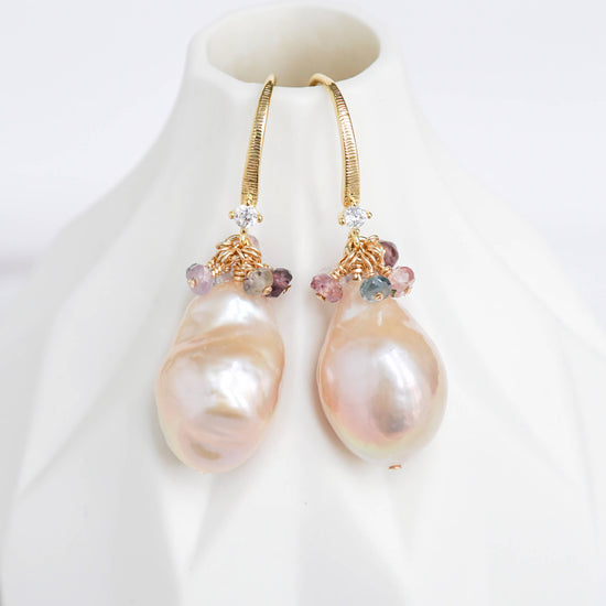 Blush Baroque Pearls with Dapped CZ Ear Hooks and Spinel Cluster - BPE32