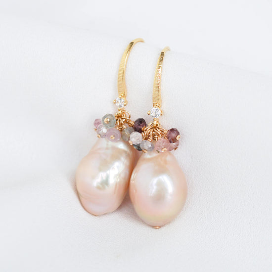 Blush Baroque Pearls with Dapped CZ Ear Hooks and Spinel Cluster - BPE32