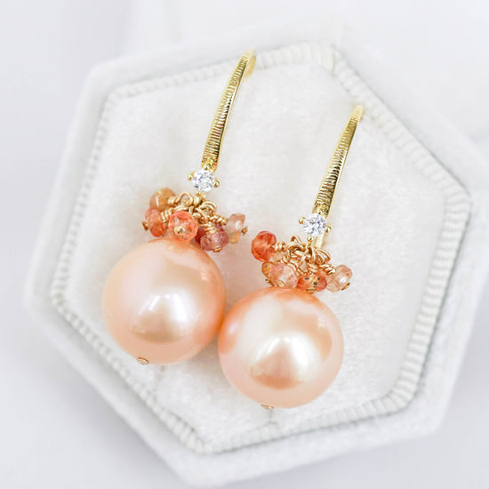 Peach Baroque Pearls with Dapped CZ Ear Hooks and Sapphire Cluster - BPE34