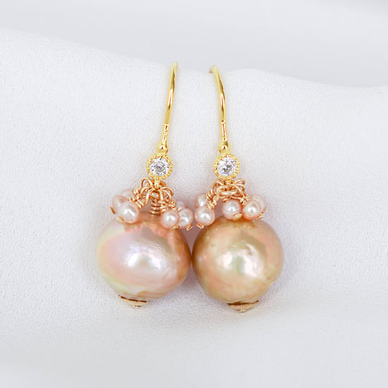 Bronze Baroque Pearls with Single CZ Ear Hooks and Pearl Cluster - BPE35