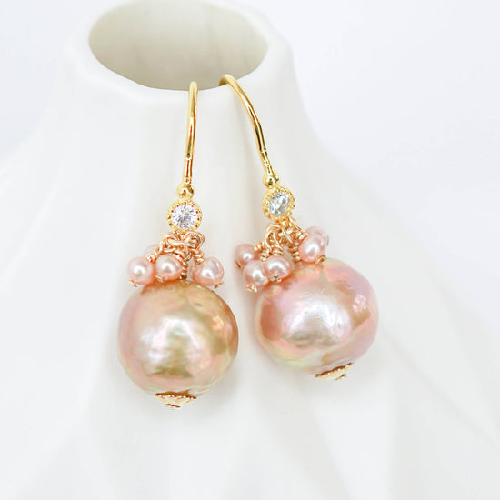 Bronze Baroque Pearls with Single CZ Ear Hooks and Pearl Cluster - BPE35