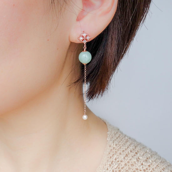 Green Jade with Diamond Ear Studs and Dangling Ear Backs