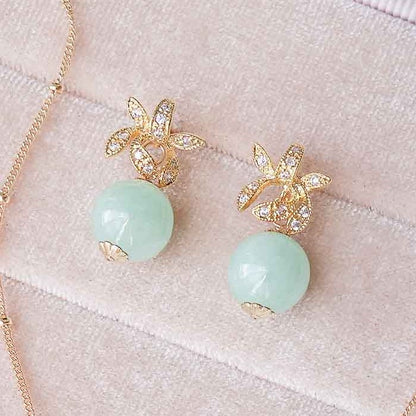 Orchid Ear Studs with Green Jade