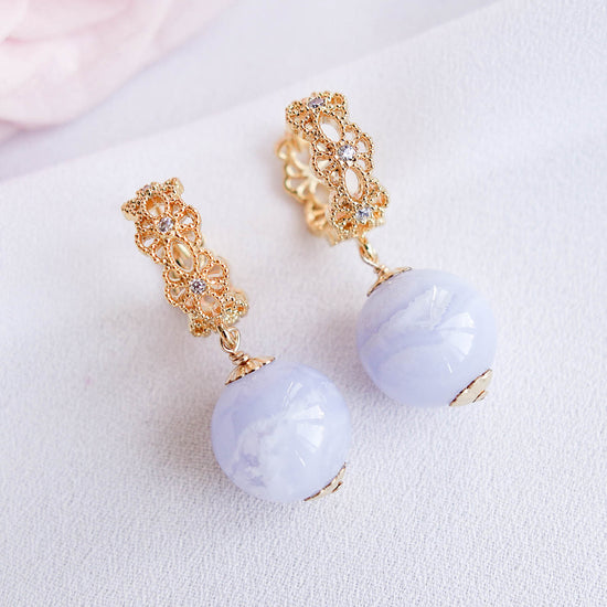 Intricate Ear Hoops with Blue Lace Agate Bead