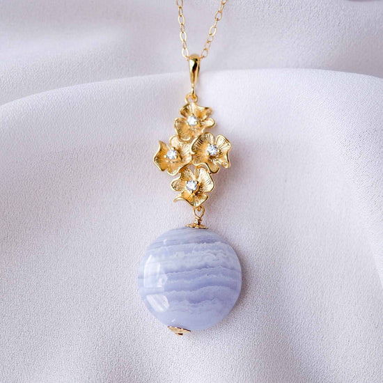 Four Flower Charm with Blue Lace Agate Disc Necklace