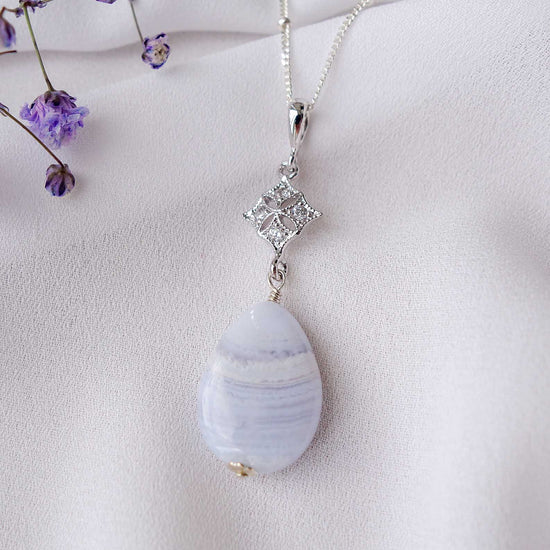 Diamond-shaped Charm with Teardrop Blue Lace Agate Necklace - Sterling Silver