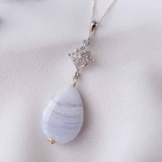 Diamond-shaped Charm with Teardrop Blue Lace Agate Necklace - Sterling Silver