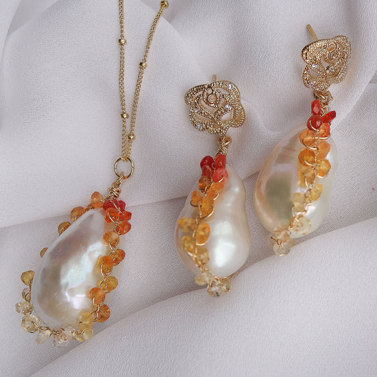 Baroque Pearl Necklace in Mexican Fire Opal Cocoon