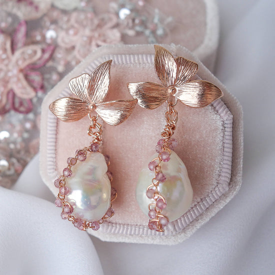 Four Petal Ear Studs with Baroque Pearls in Spinel Cocoon 2