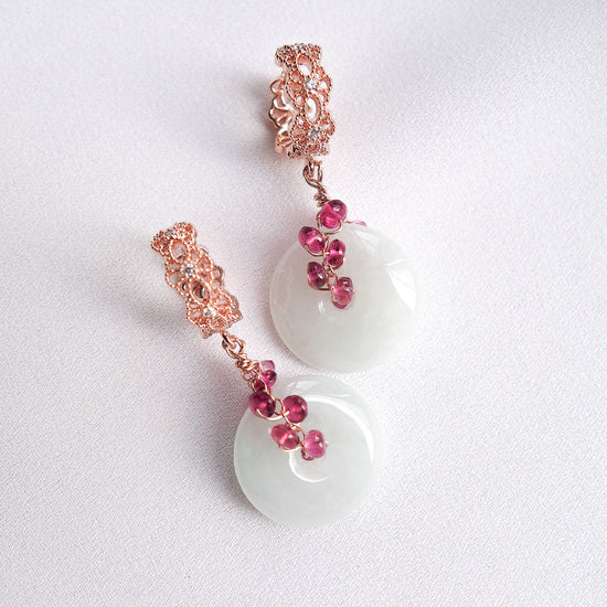 Intricate Ear Hoops and Jade with Smooth Pink Tourmaline Vine