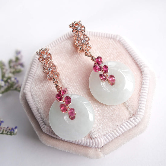 Intricate Ear Hoops and Jade with Smooth Pink Tourmaline Vine
