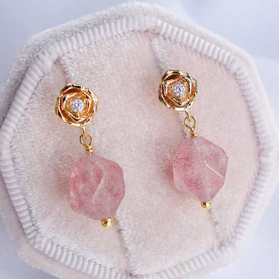 Faceted Strawberry Quartz with Small Rose Ear Studs
