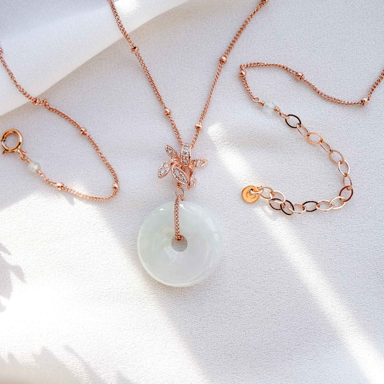 Orchid Pendant with Jade Donut Necklace - Ball Chain