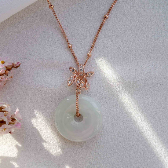 Orchid Pendant with Jade Donut Necklace - Ball Chain