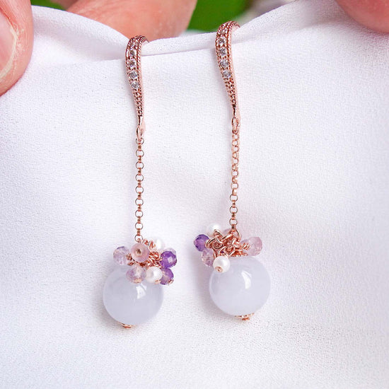 Dangling Lavender Jade Earrings with Gem Cluster