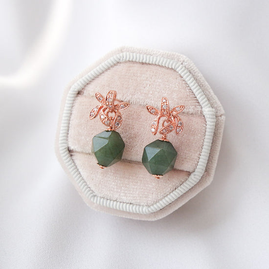 Faceted Olive Green Jade with Orchid Ear Studs